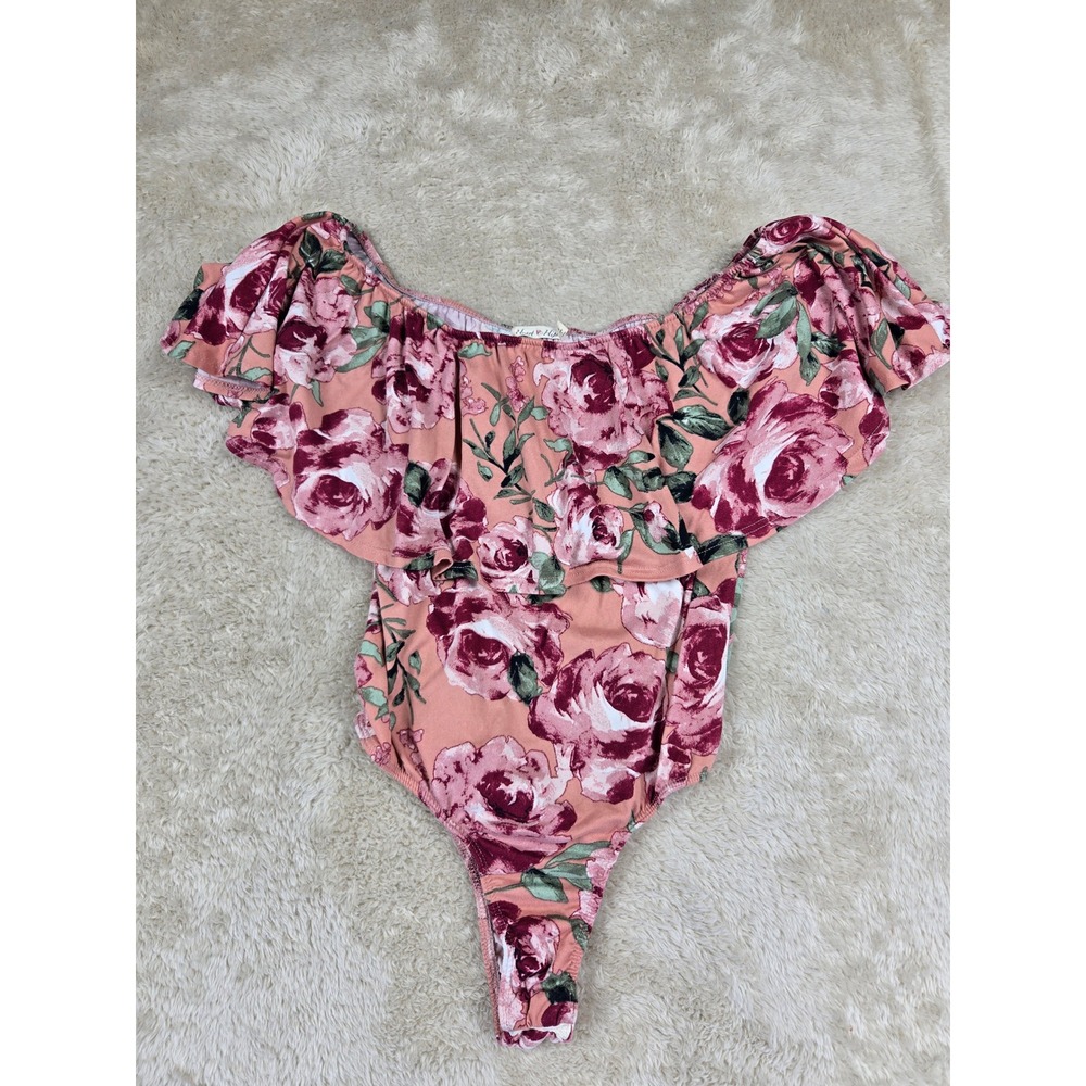 Heart Hips‎ Floral Ruffle Off Shoulder Thong Bodysuit Women's Size S